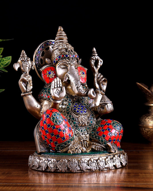 Brass Lord Ganesha Statue with Oval Base 10" multicolour - Budhshiv.com