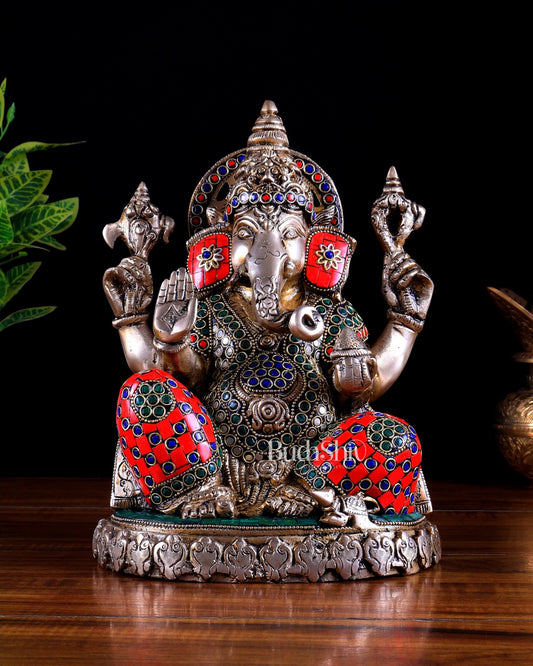 Brass Lord Ganesha Statue with Oval Base 10" multicolour - Budhshiv.com