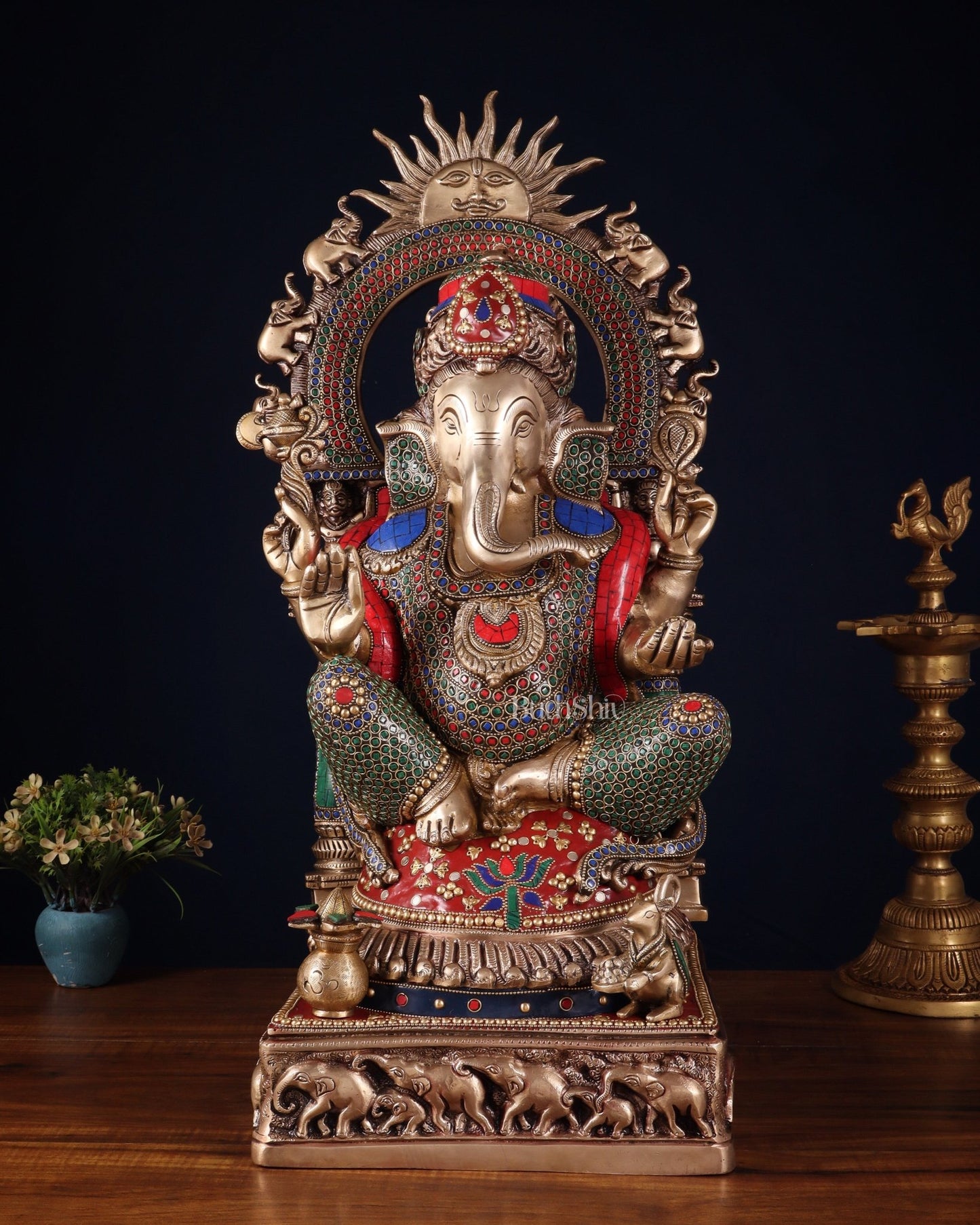 Brass Lord Ganesha Statue with Prabhavali 25 inch meenakari Stonework - Budhshiv.com