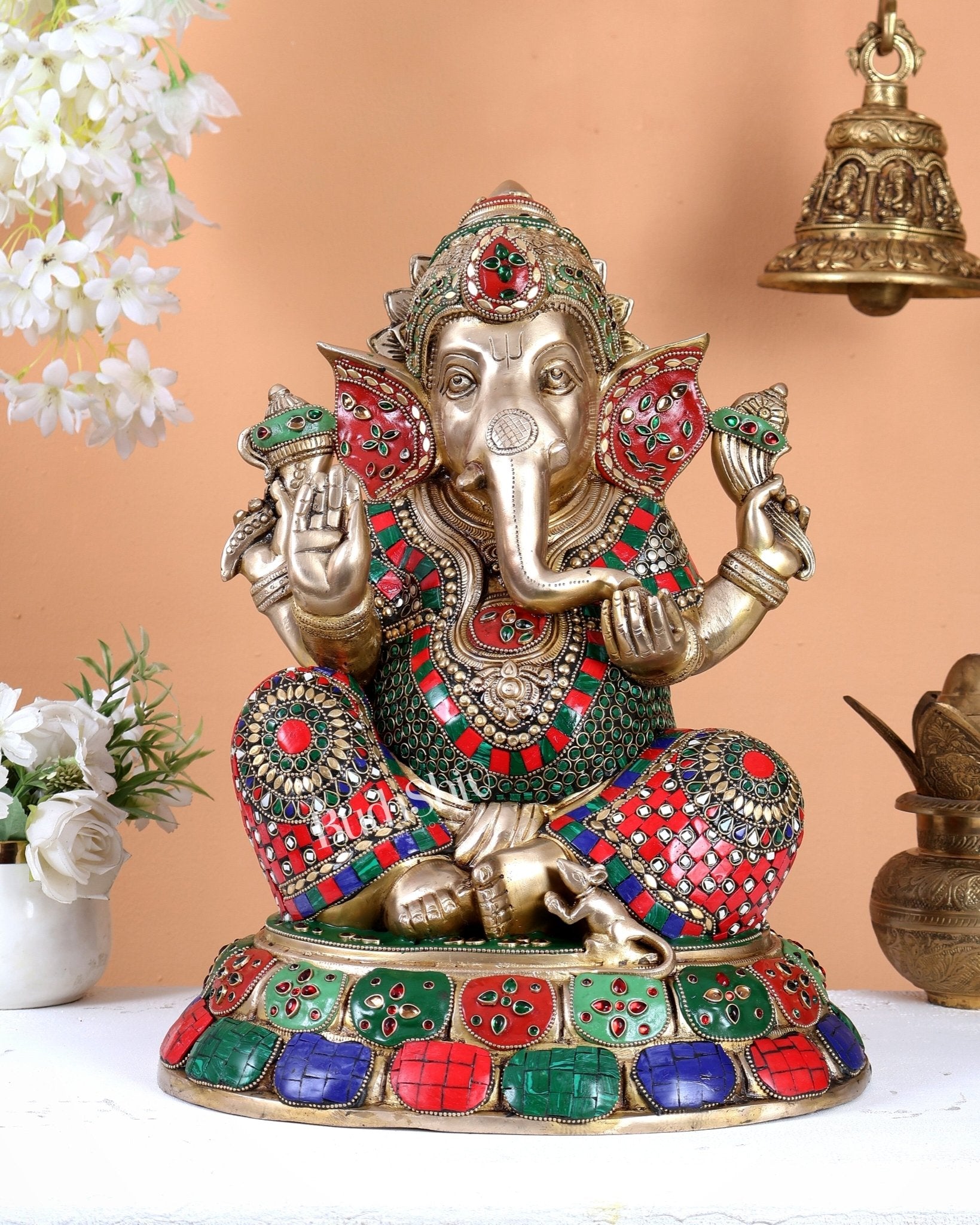 Brass Lord Ganesha Statue with Stonework 16 inch - Budhshiv.com