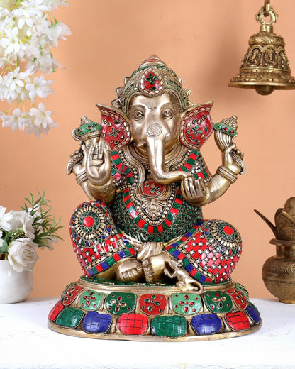 Brass Lord Ganesha Statue with Stonework 16 inch - Budhshiv.com