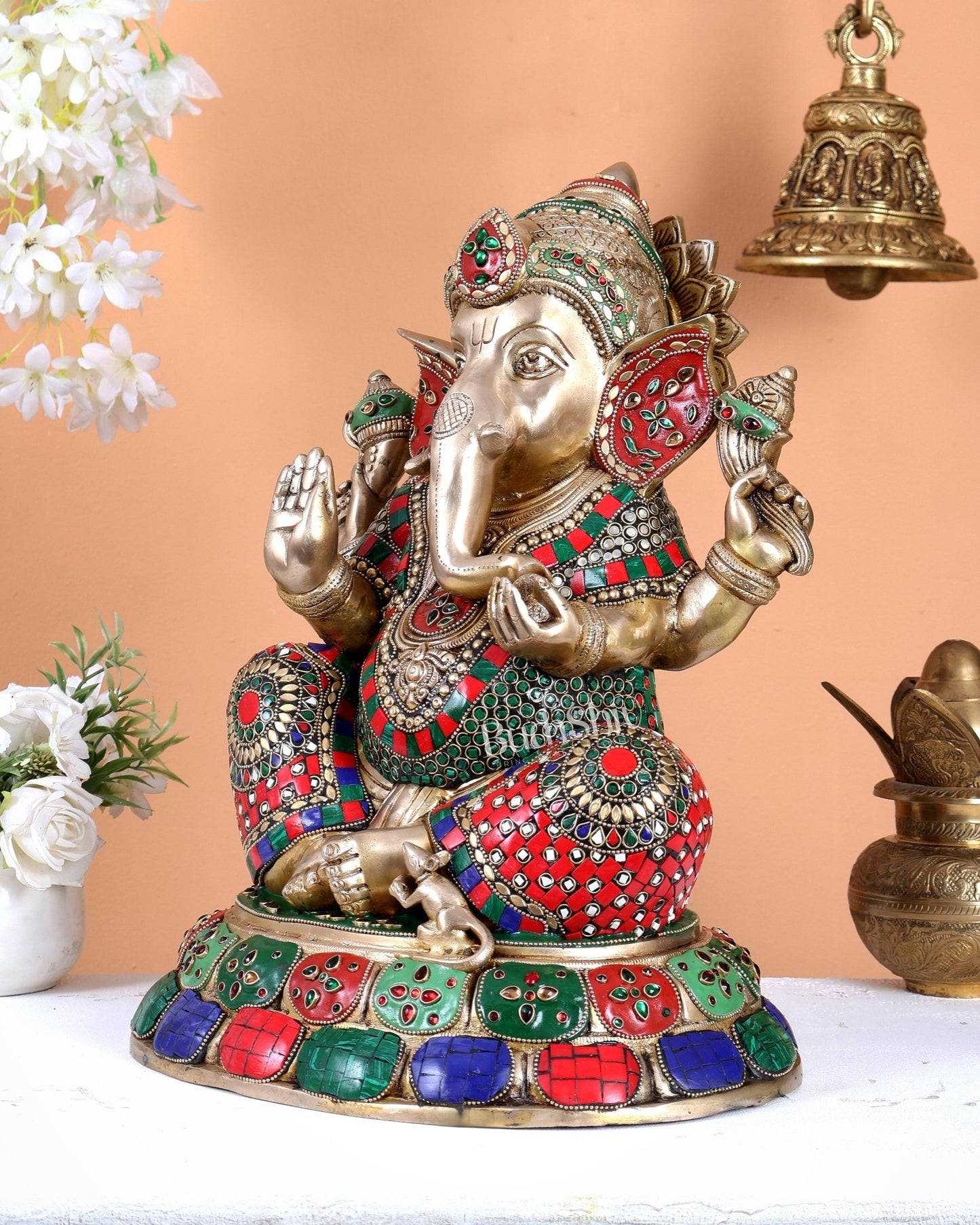 Brass Lord Ganesha Statue with Stonework 16 inch - Budhshiv.com