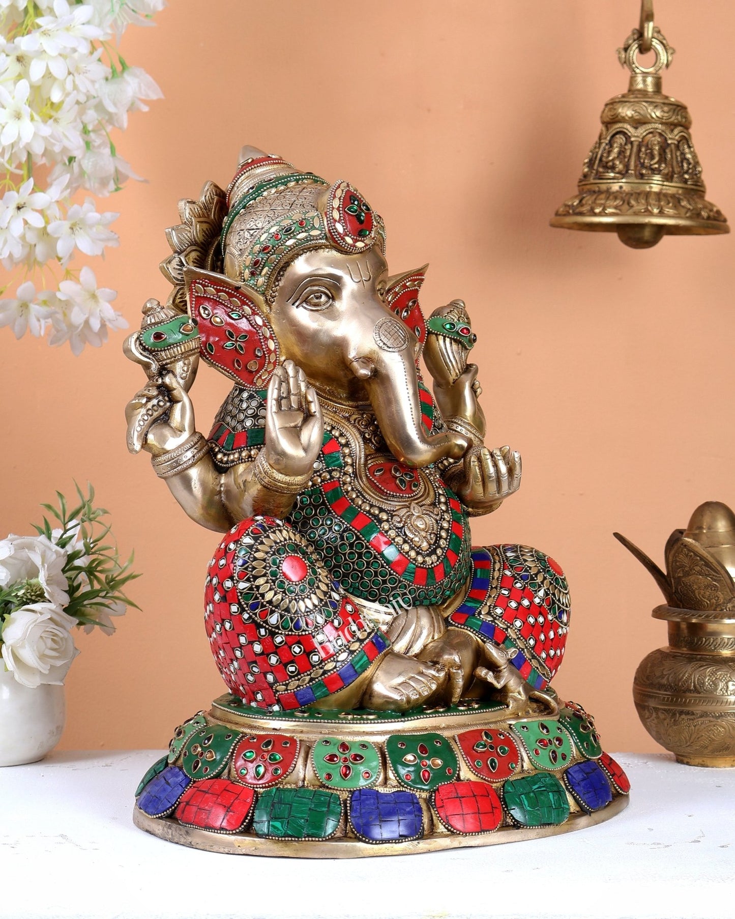 Brass Lord Ganesha Statue with Stonework 16 inch - Budhshiv.com