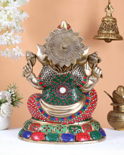Brass Lord Ganesha Statue with Stonework 16 inch - Budhshiv.com
