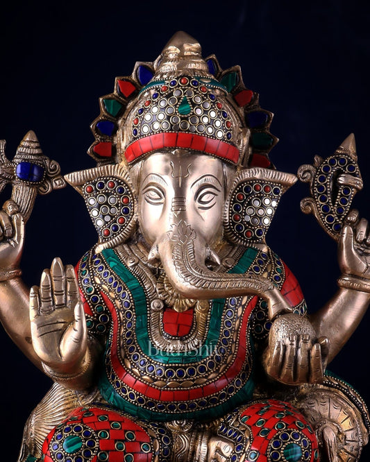 Brass Lord Ganesha Statue with Stonework - Big Size, Engraved Base 17" - Budhshiv.com