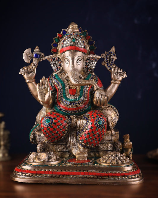 Brass Lord Ganesha Statue with Stonework - Big Size, Engraved Base 17" - Budhshiv.com