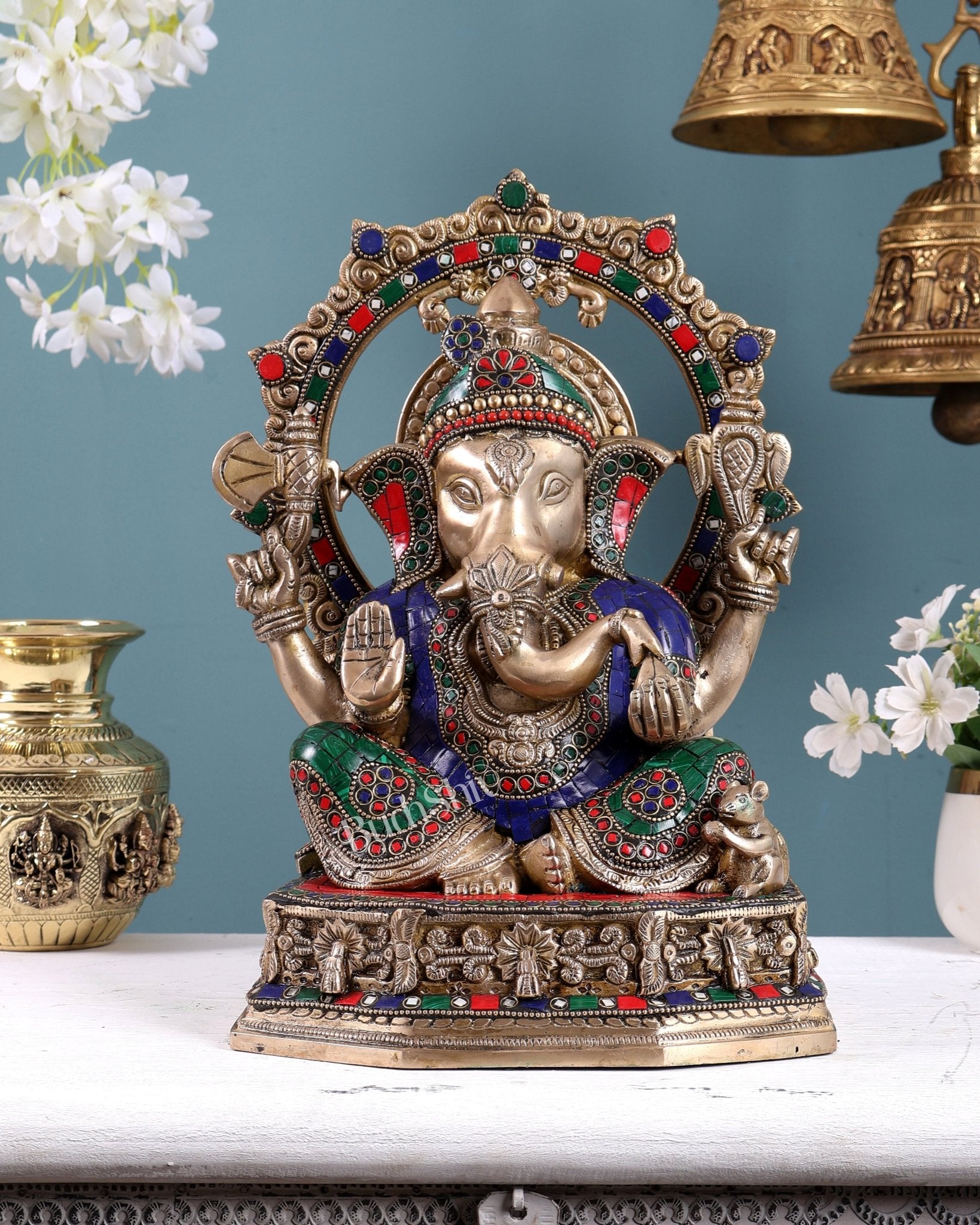 Brass Lord Ganesha Statue with Unique Decorative Frame (13 Inch) stonework - Budhshiv.com