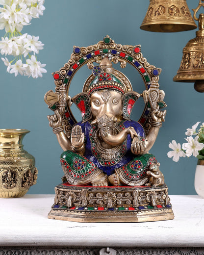 Brass Lord Ganesha Statue with Unique Decorative Frame (13 Inch) stonework - Budhshiv.com