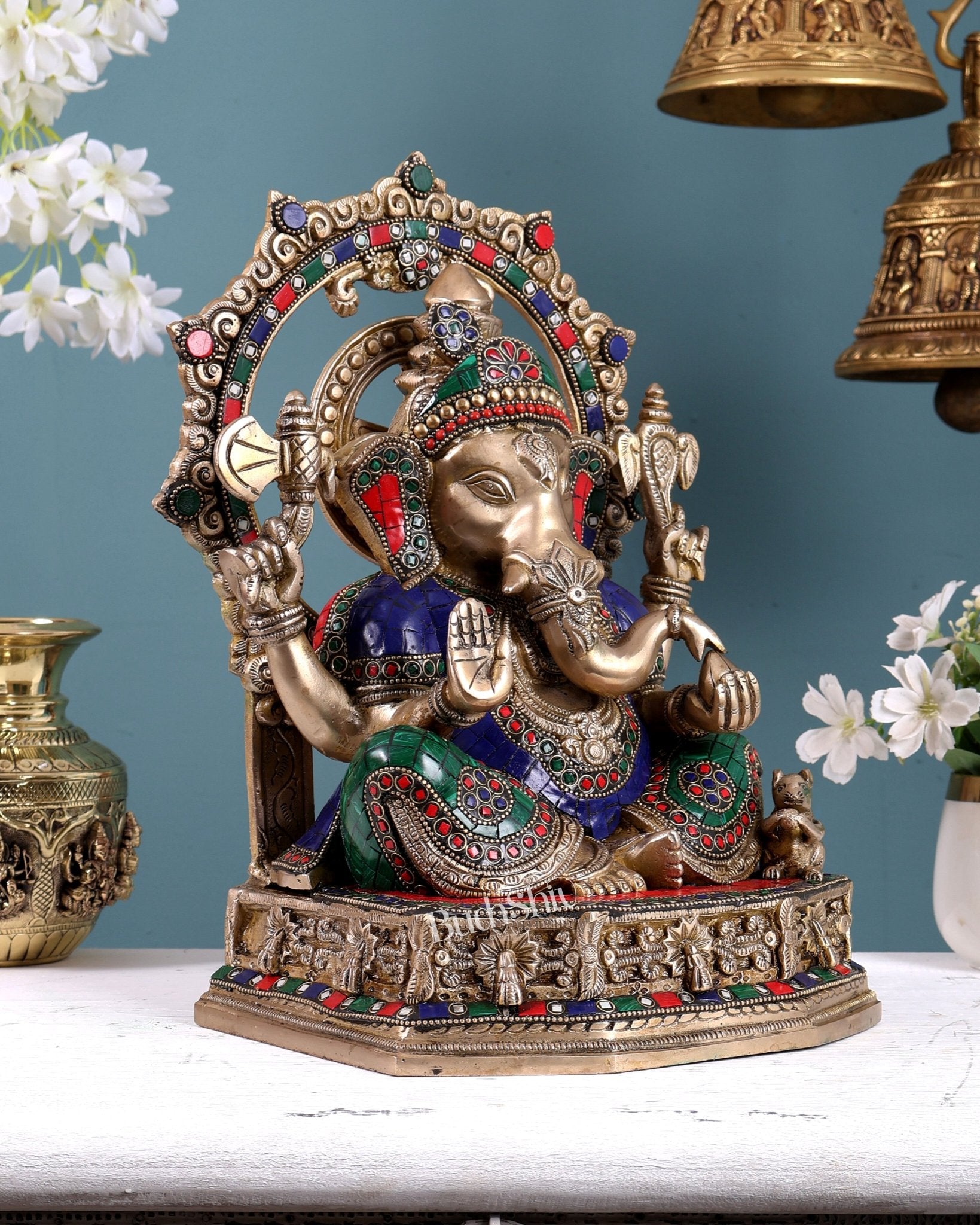 Brass Lord Ganesha Statue with Unique Decorative Frame (13 Inch) stonework - Budhshiv.com