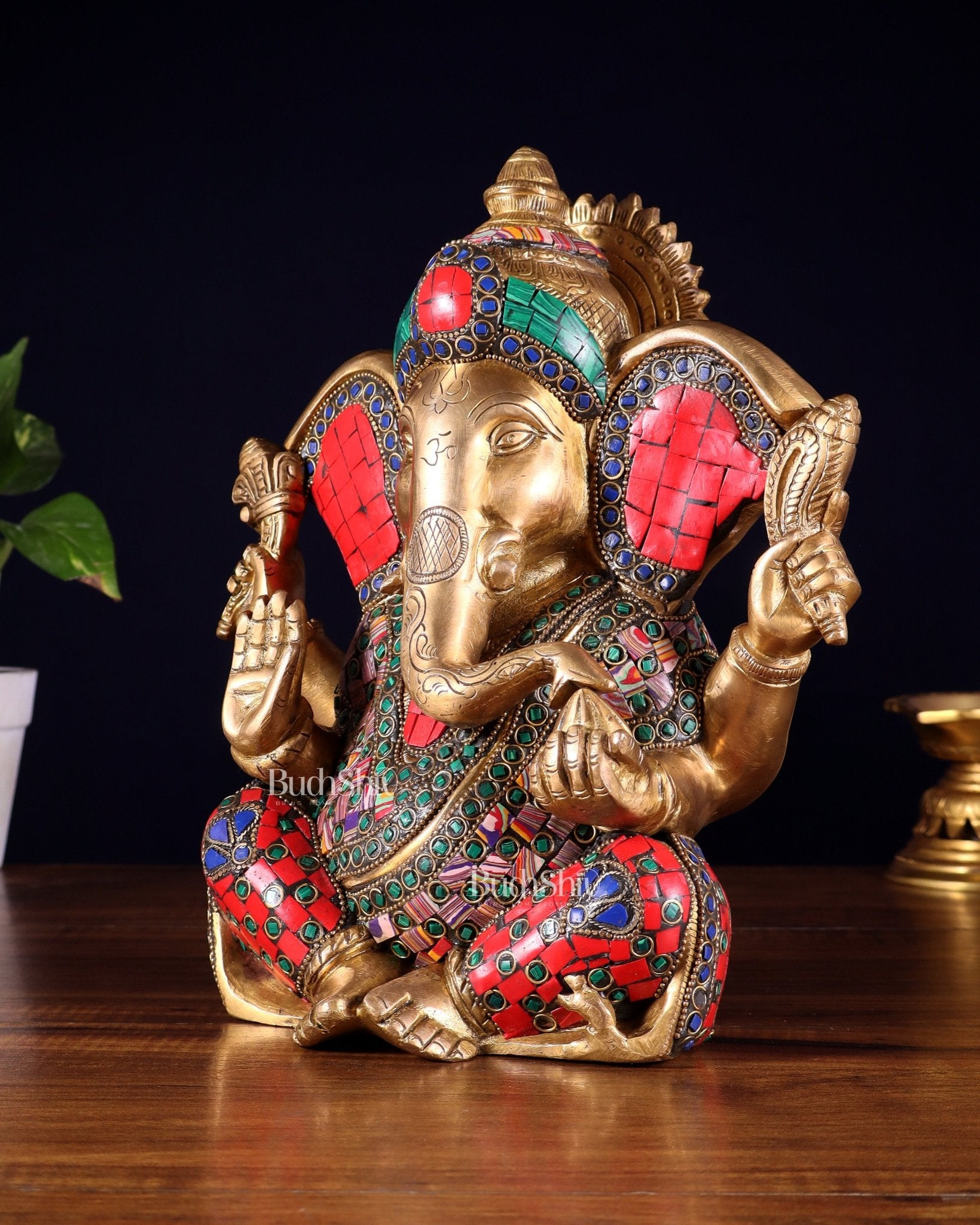 Brass Lord Ganesha Statue with unique Stonework - 10" - Budhshiv.com