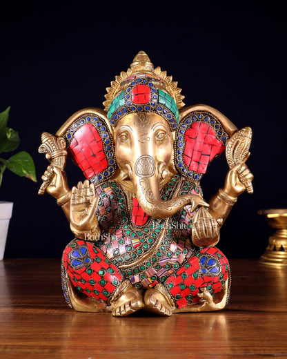 Brass Lord Ganesha Statue with unique Stonework - 10" - Budhshiv.com