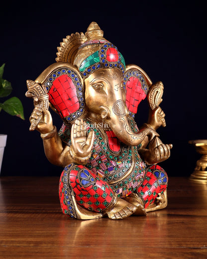 Brass Lord Ganesha Statue with unique Stonework - 10" - Budhshiv.com