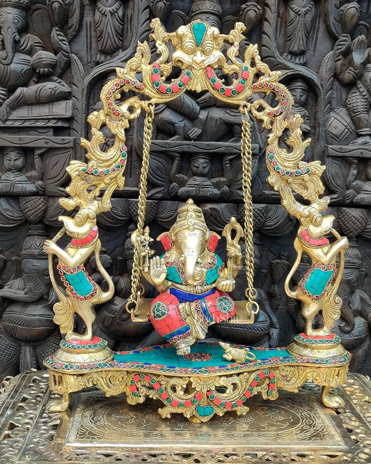 Brass Lord Ganesha Swing with Multicolour Stonework - 18" x 15" x 4.5 - Budhshiv.com