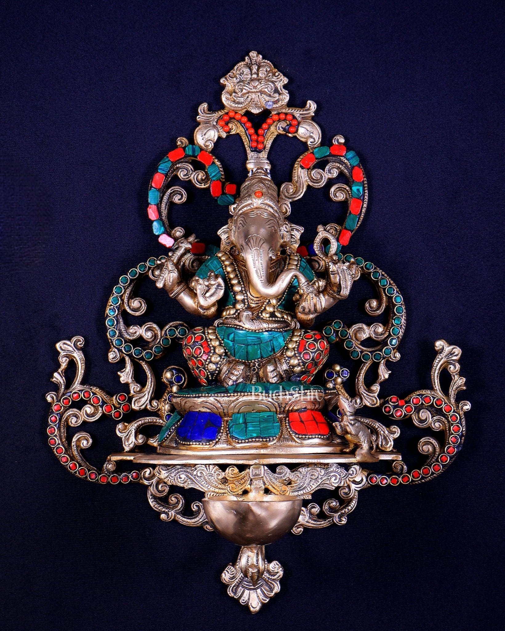 Brass Lord Ganesha Wall Hanging Statue with diya large 14 inch with stonework - Budhshiv.com