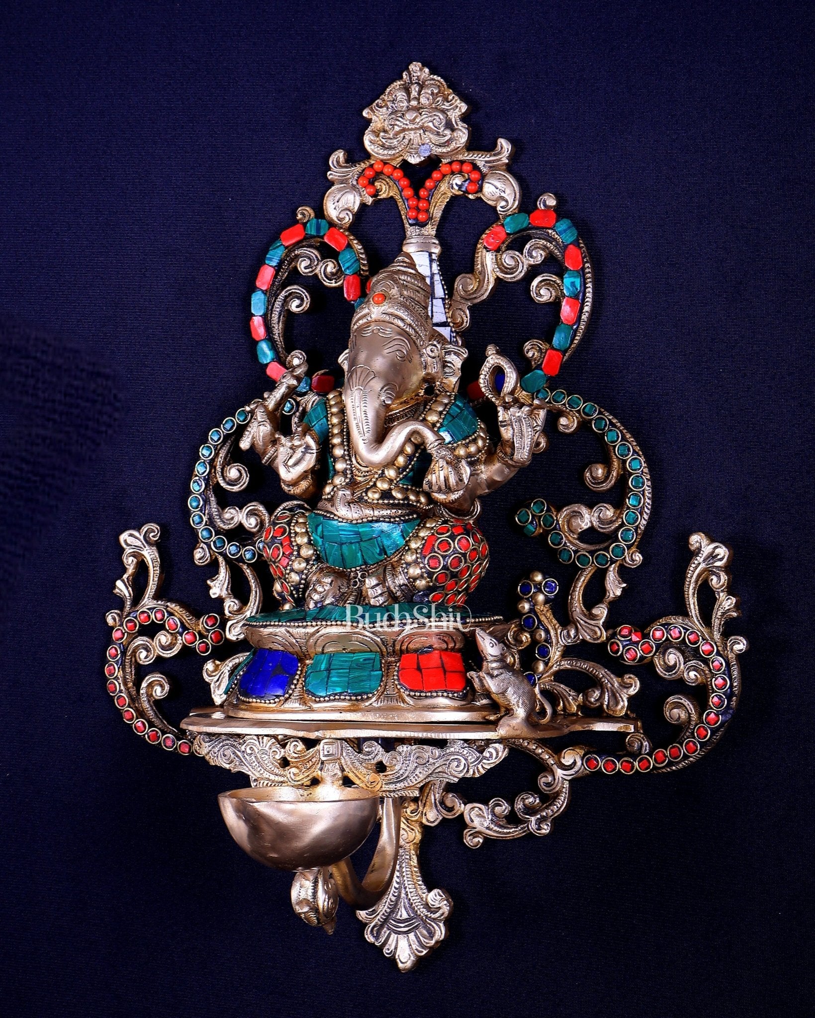 Brass Lord Ganesha Wall Hanging Statue with diya large 14 inch with stonework - Budhshiv.com