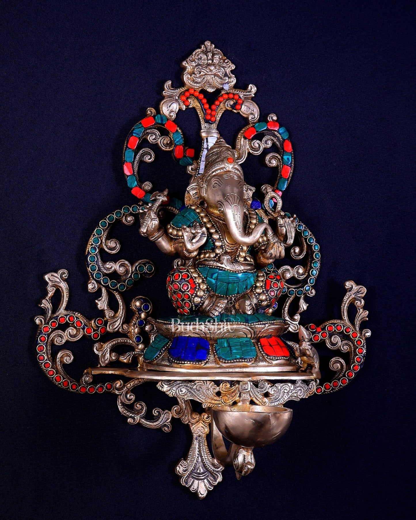 Brass Lord Ganesha Wall Hanging Statue with diya large 14 inch with stonework - Budhshiv.com