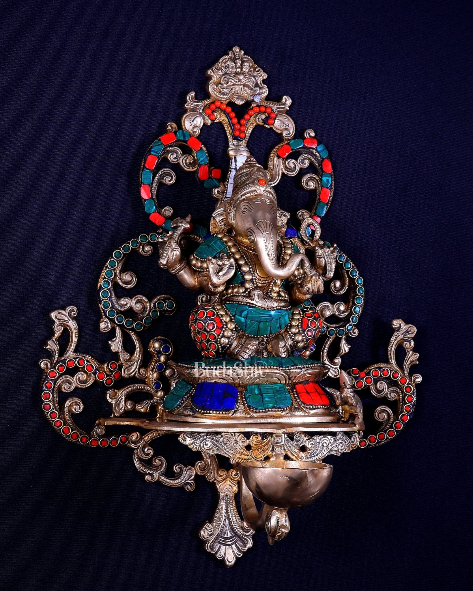 Brass Lord Ganesha Wall Hanging Statue with diya large 14 inch with stonework - Budhshiv.com