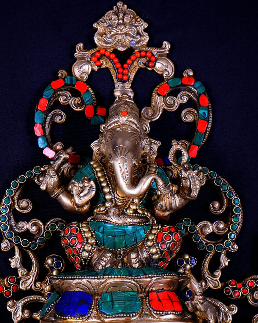 Brass Lord Ganesha Wall Hanging Statue with diya large 14 inch with stonework - Budhshiv.com