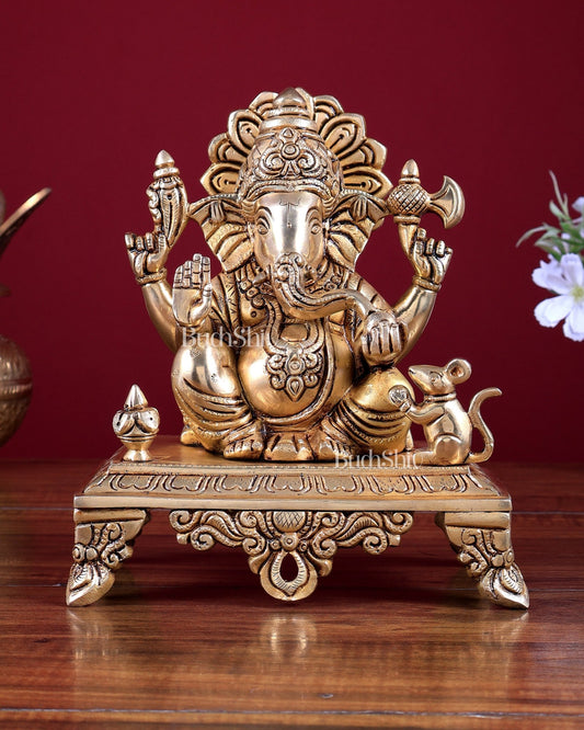 Brass Lord Ganesha with Kalash and Mooshak Idol 8 inch - Budhshiv.com