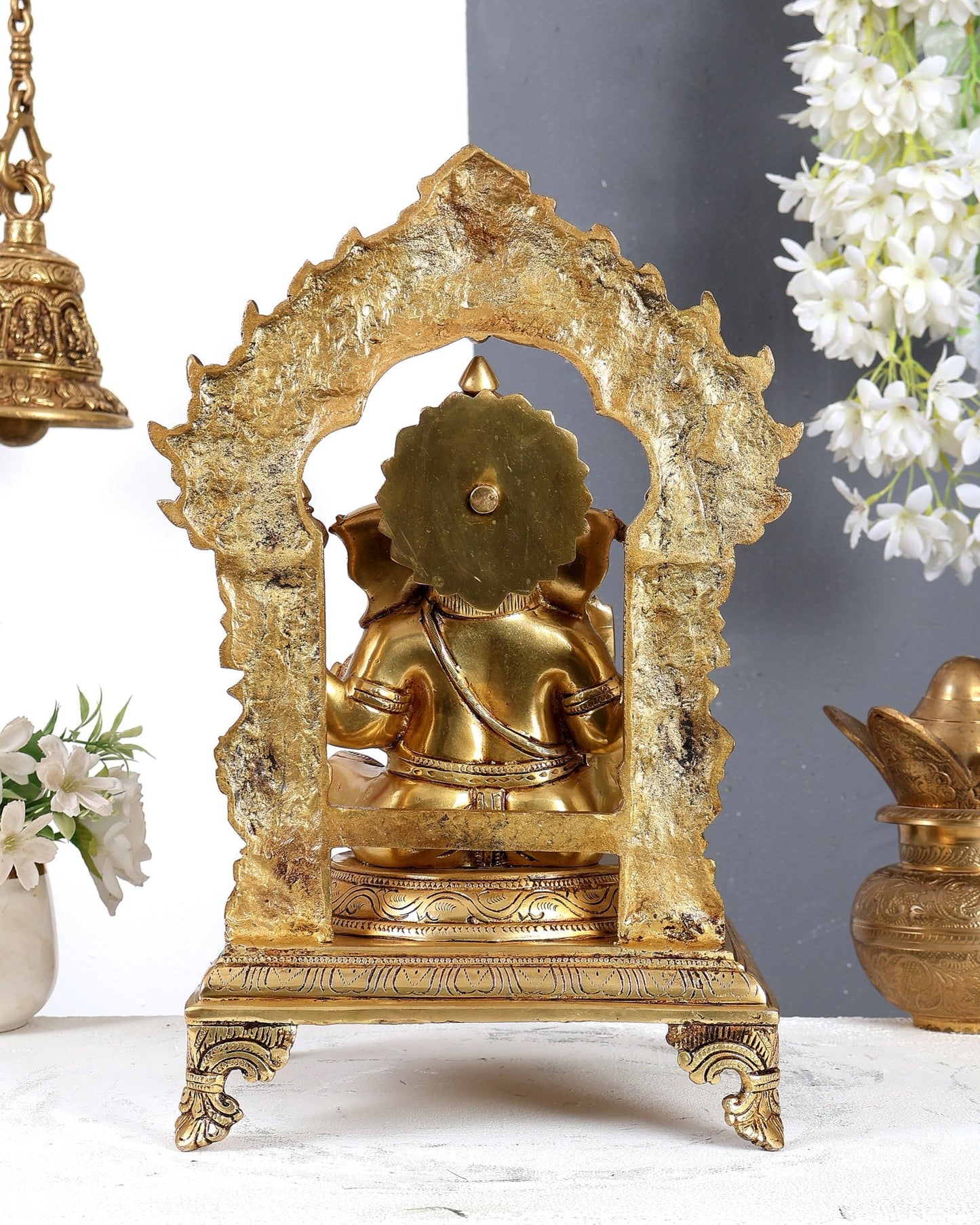 Brass Lord Ganesha with Prabhavali, Mooshak & Kalash Idol – Handcrafted Temple Sculpture 14 inch - Budhshiv.com