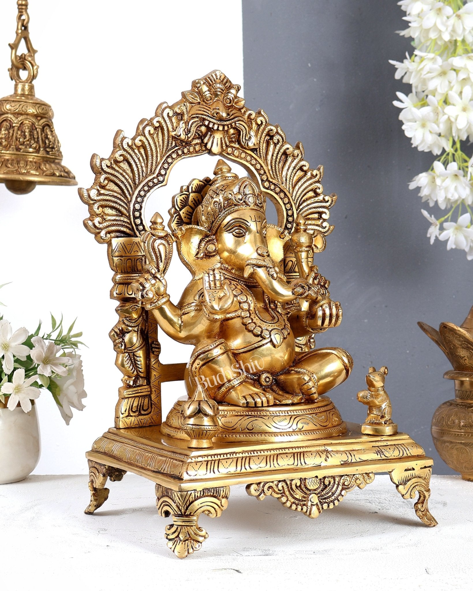 Brass Lord Ganesha with Prabhavali, Mooshak & Kalash Idol – Handcrafted Temple Sculpture 14 inch - Budhshiv.com