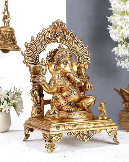 Brass Lord Ganesha with Prabhavali, Mooshak & Kalash Idol – Handcrafted Temple Sculpture 14 inch - Budhshiv.com