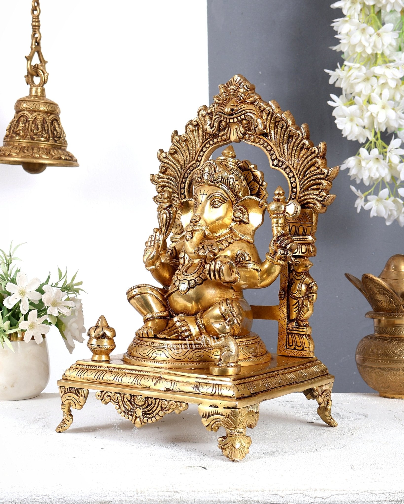 Brass Lord Ganesha with Prabhavali, Mooshak & Kalash Idol – Handcrafted Temple Sculpture 14 inch - Budhshiv.com