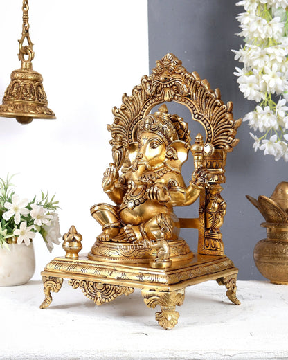 Brass Lord Ganesha with Prabhavali, Mooshak & Kalash Idol – Handcrafted Temple Sculpture 14 inch - Budhshiv.com