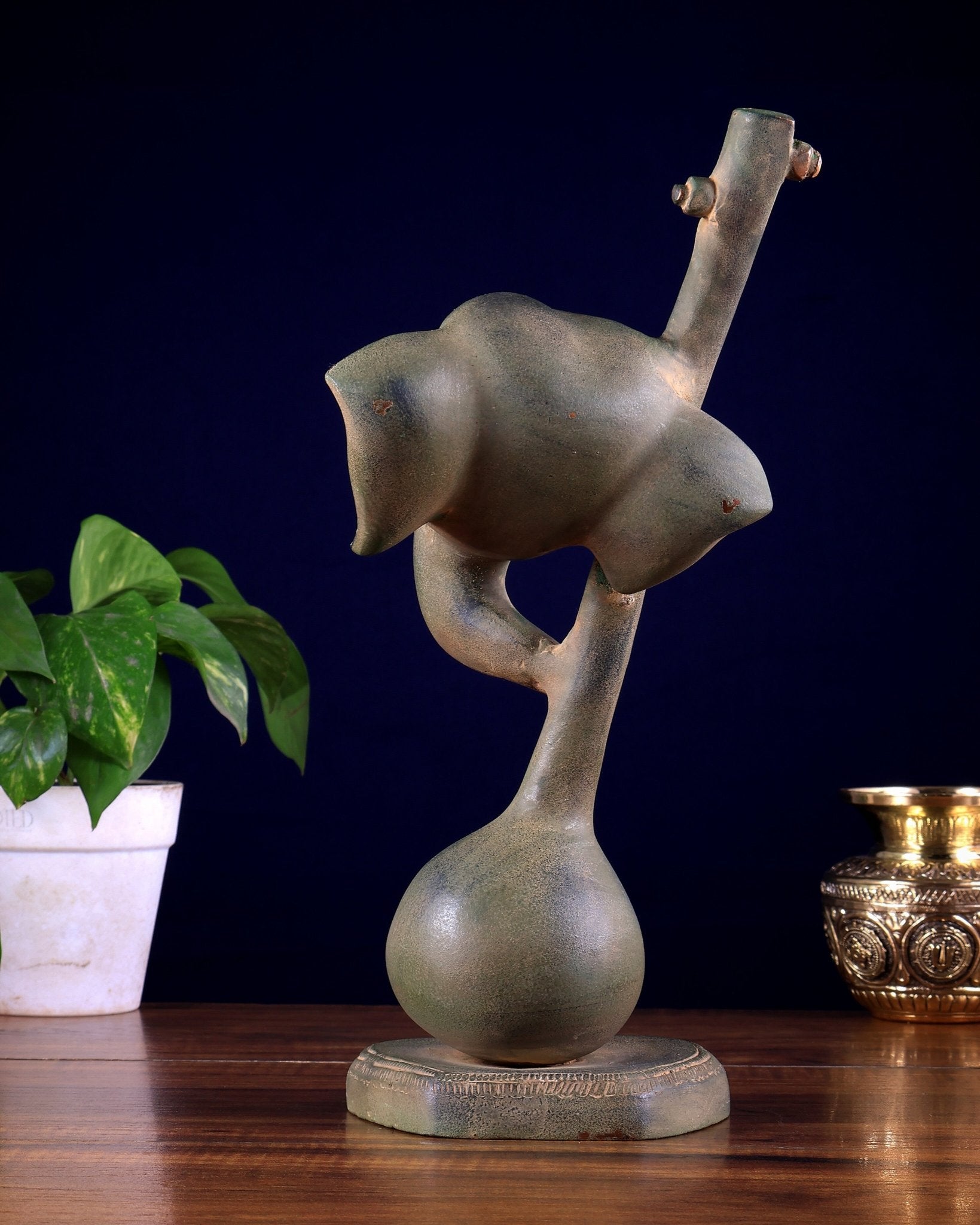 Brass Lord Ganesha with Veena table accent, Sandstone finish - 12 Inch - Budhshiv.com