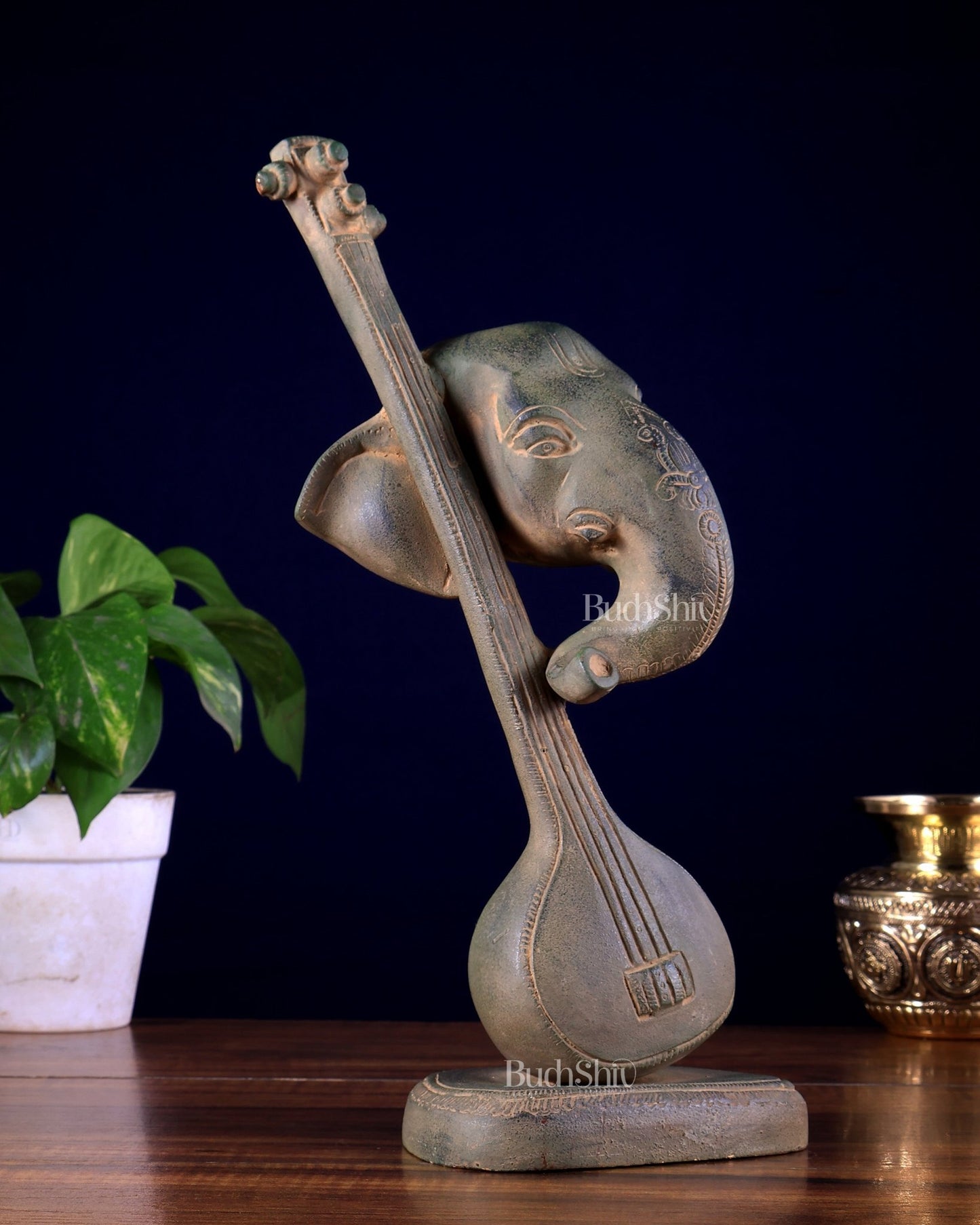 Brass Lord Ganesha with Veena table accent, Sandstone finish - 12 Inch - Budhshiv.com