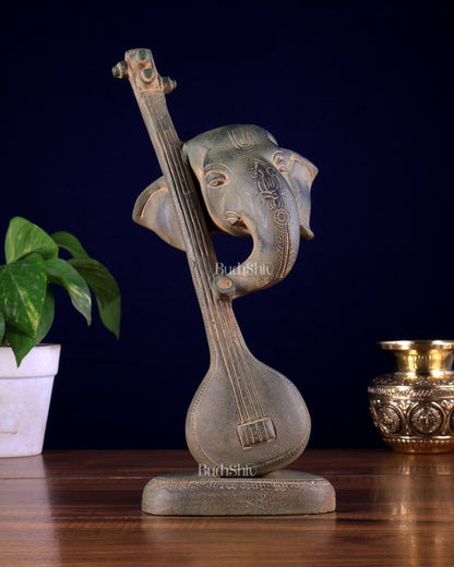 Brass Lord Ganesha with Veena table accent, Sandstone finish - 12 Inch - Budhshiv.com