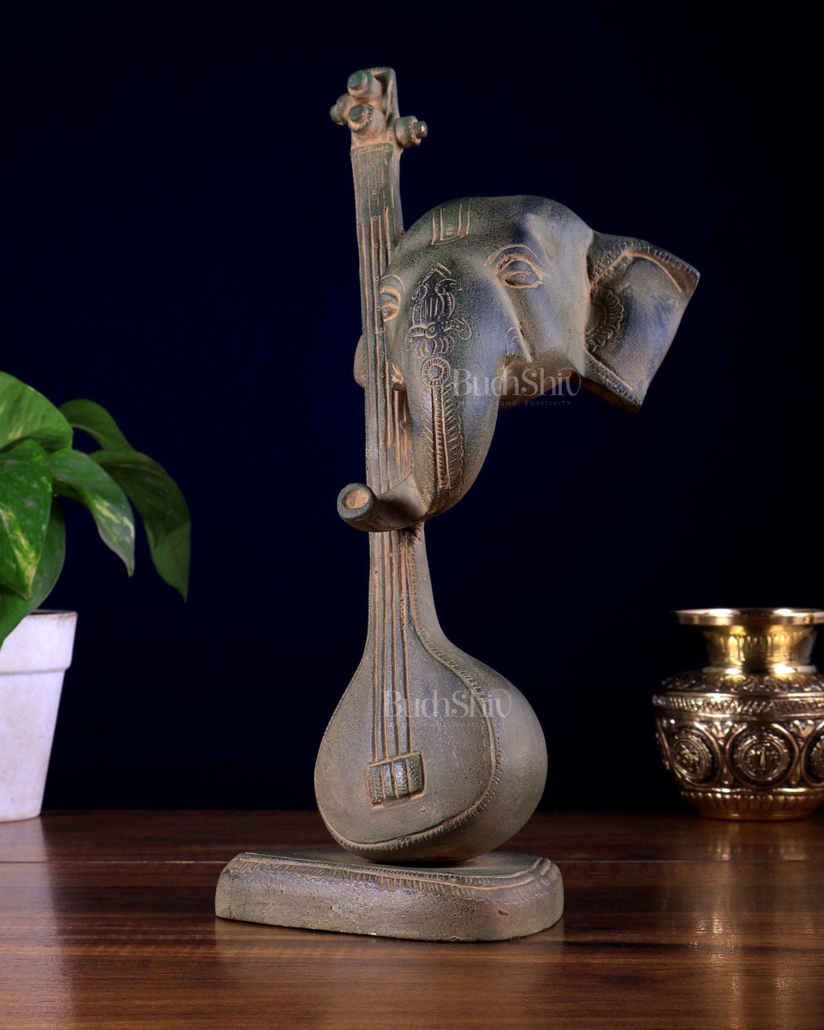 Brass Lord Ganesha with Veena table accent, Sandstone finish - 12 Inch - Budhshiv.com