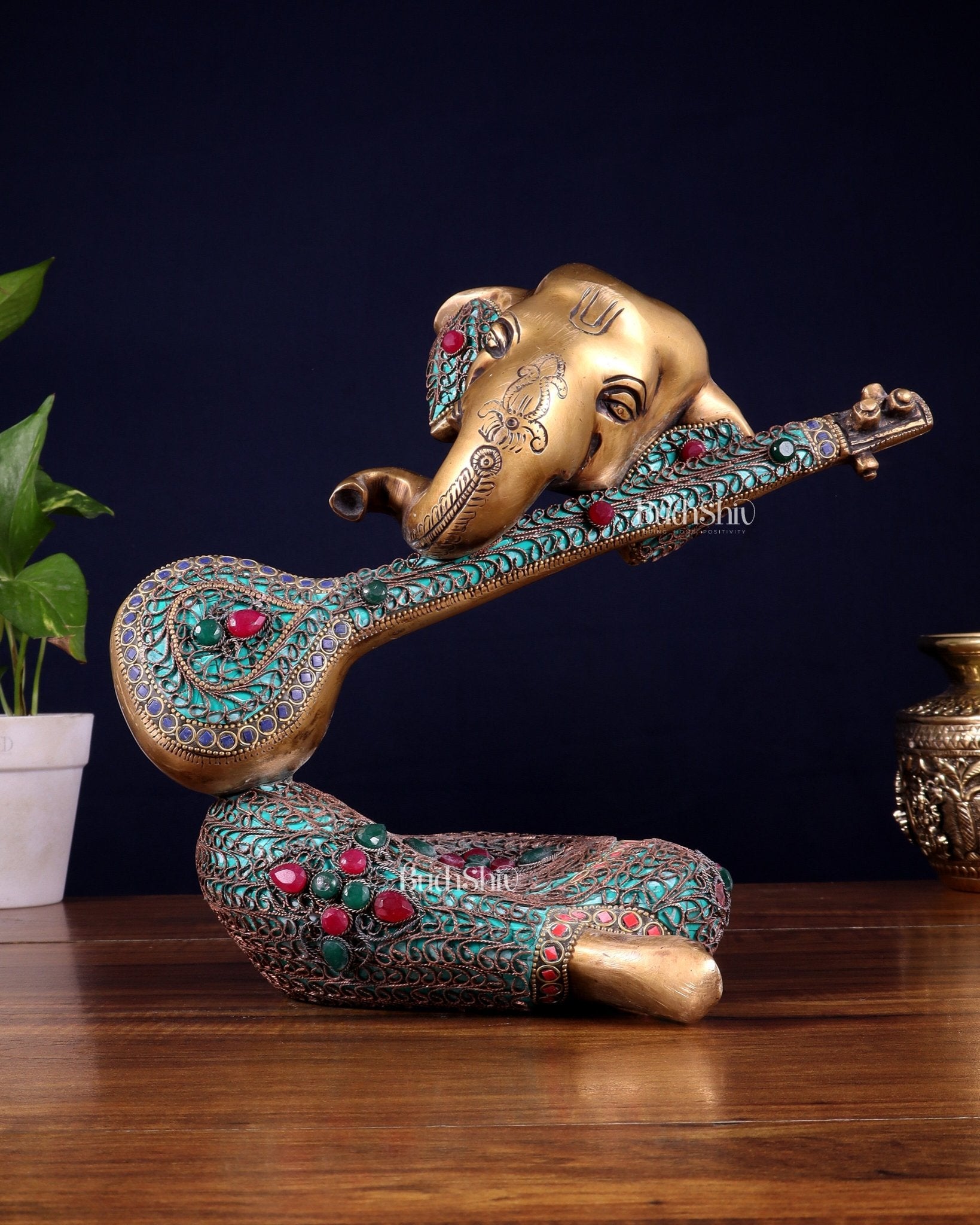 Brass Lord Ganesha with Veena Table Accent Showpiece - 9.5 Inch copper wire work - Budhshiv.com