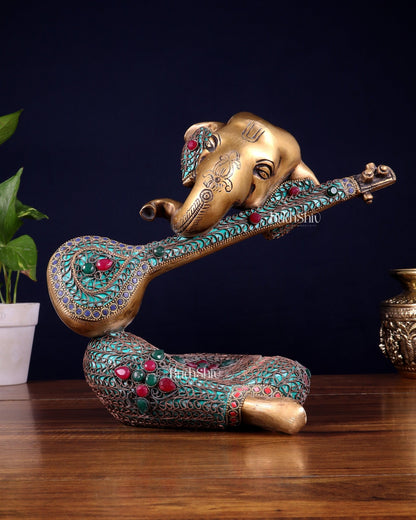 Brass Lord Ganesha with Veena Table Accent Showpiece - 9.5 Inch copper wire work - Budhshiv.com