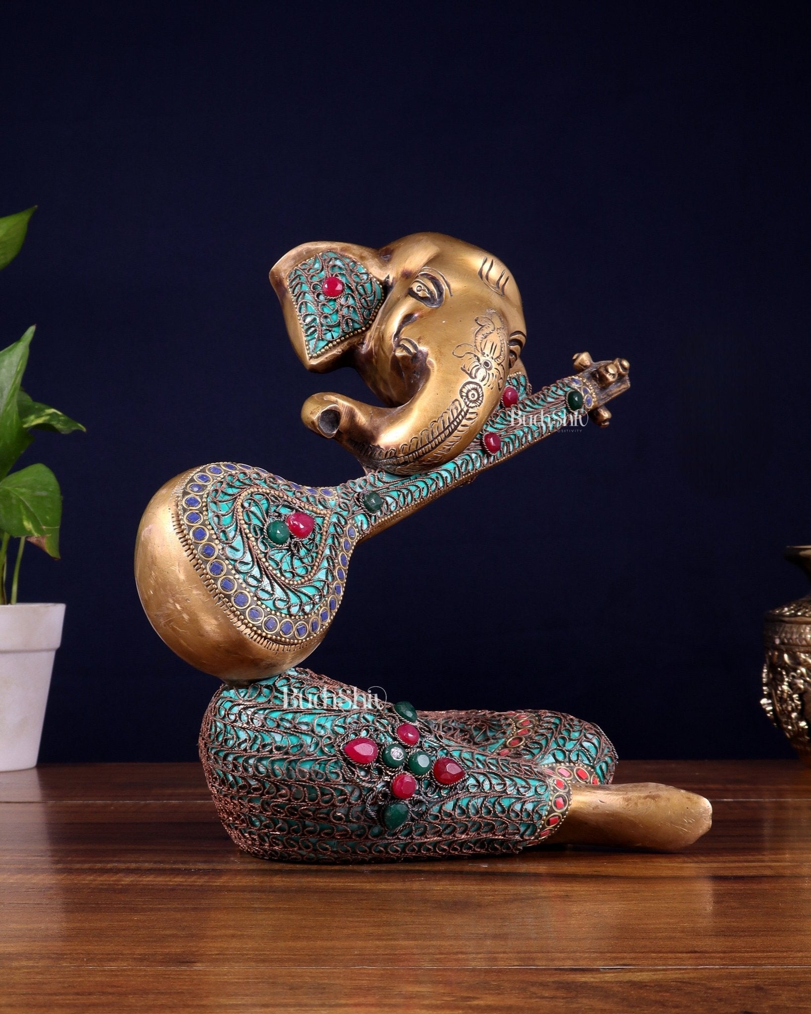 Brass Lord Ganesha with Veena Table Accent Showpiece - 9.5 Inch copper wire work - Budhshiv.com