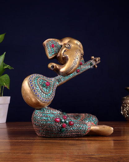 Brass Lord Ganesha with Veena Table Accent Showpiece - 9.5 Inch copper wire work - Budhshiv.com