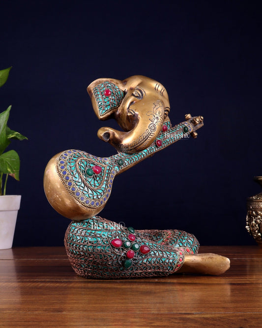 Brass Lord Ganesha with Veena Table Accent Showpiece - 9.5 Inch copper wire work - Budhshiv.com