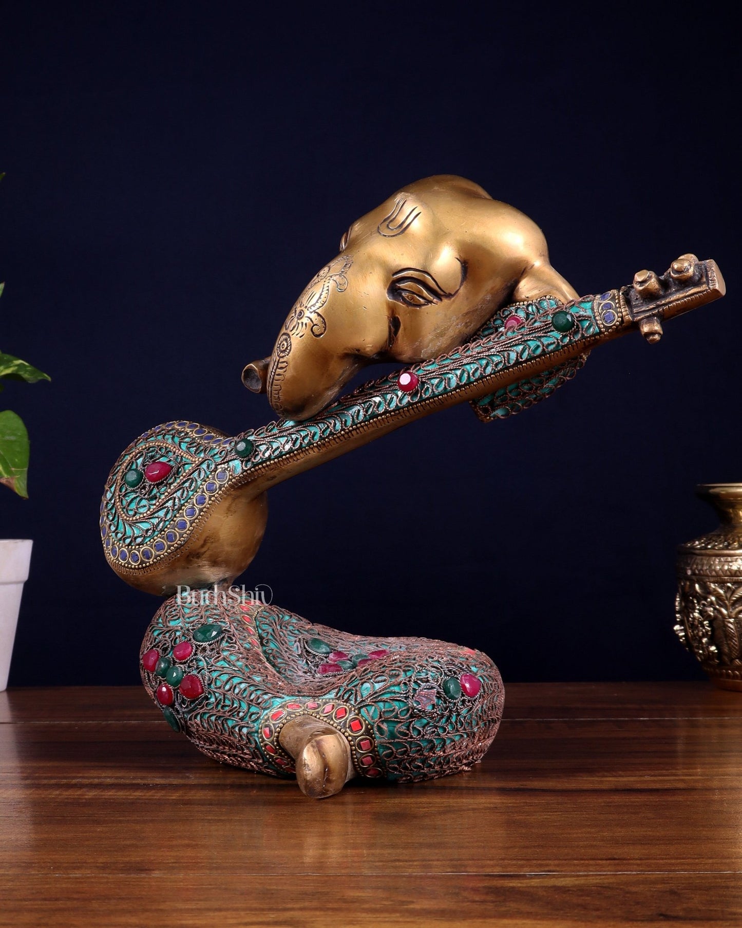 Brass Lord Ganesha with Veena Table Accent Showpiece - 9.5 Inch copper wire work - Budhshiv.com