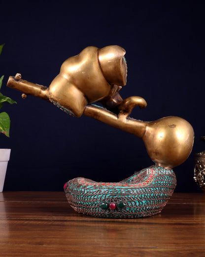 Brass Lord Ganesha with Veena Table Accent Showpiece - 9.5 Inch copper wire work - Budhshiv.com