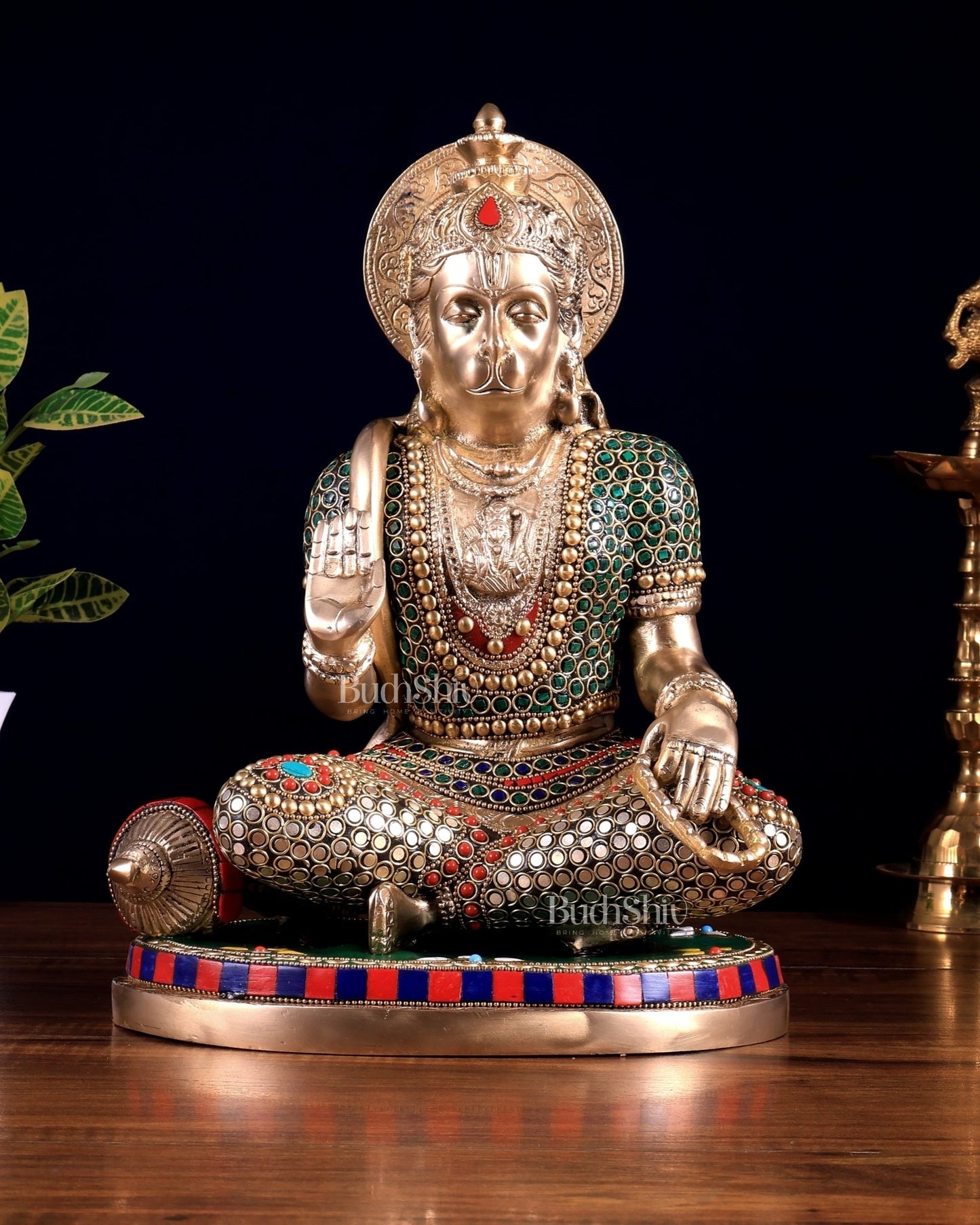 Brass Lord Hanuman in Blessing Mudra – Meenakari & Natural Stones | Divine Seated Idol 12.5 inch - Budhshiv.com