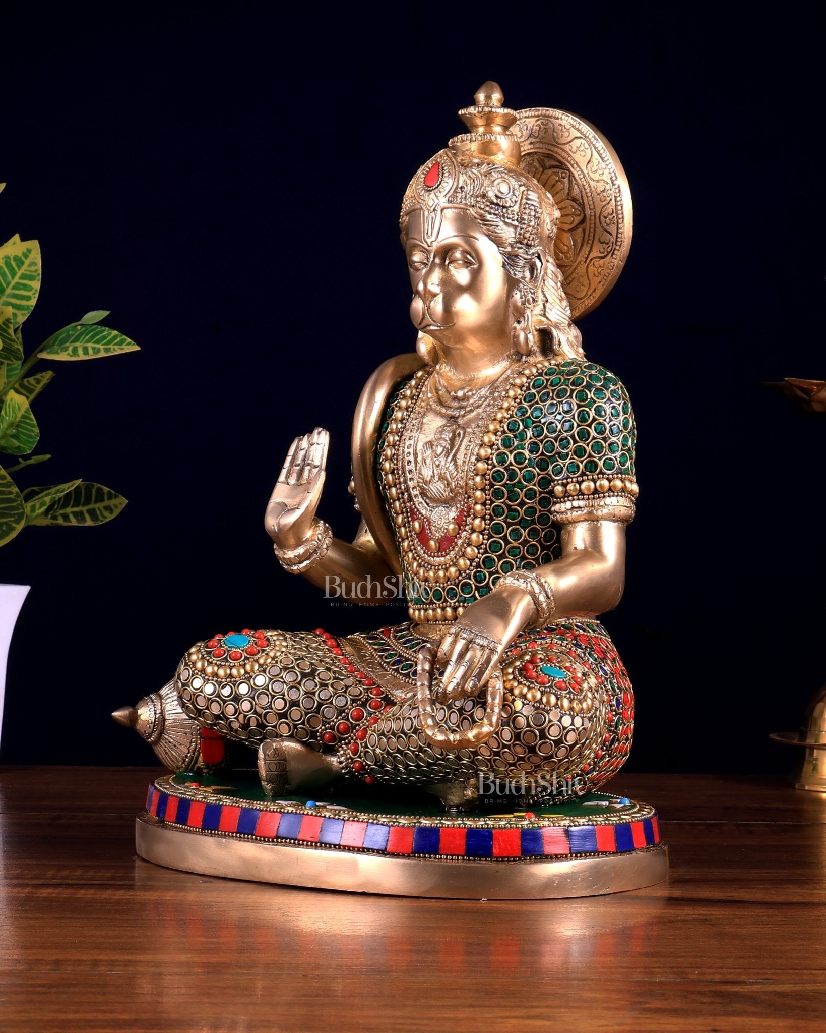 Brass Lord Hanuman in Blessing Mudra – Meenakari & Natural Stones | Divine Seated Idol 12.5 inch - Budhshiv.com