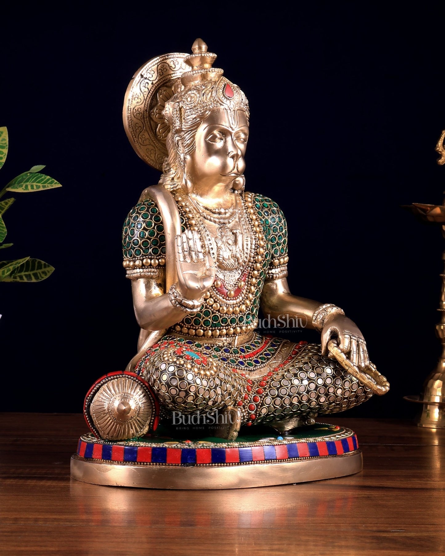Brass Lord Hanuman in Blessing Mudra – Meenakari & Natural Stones | Divine Seated Idol 12.5 inch - Budhshiv.com