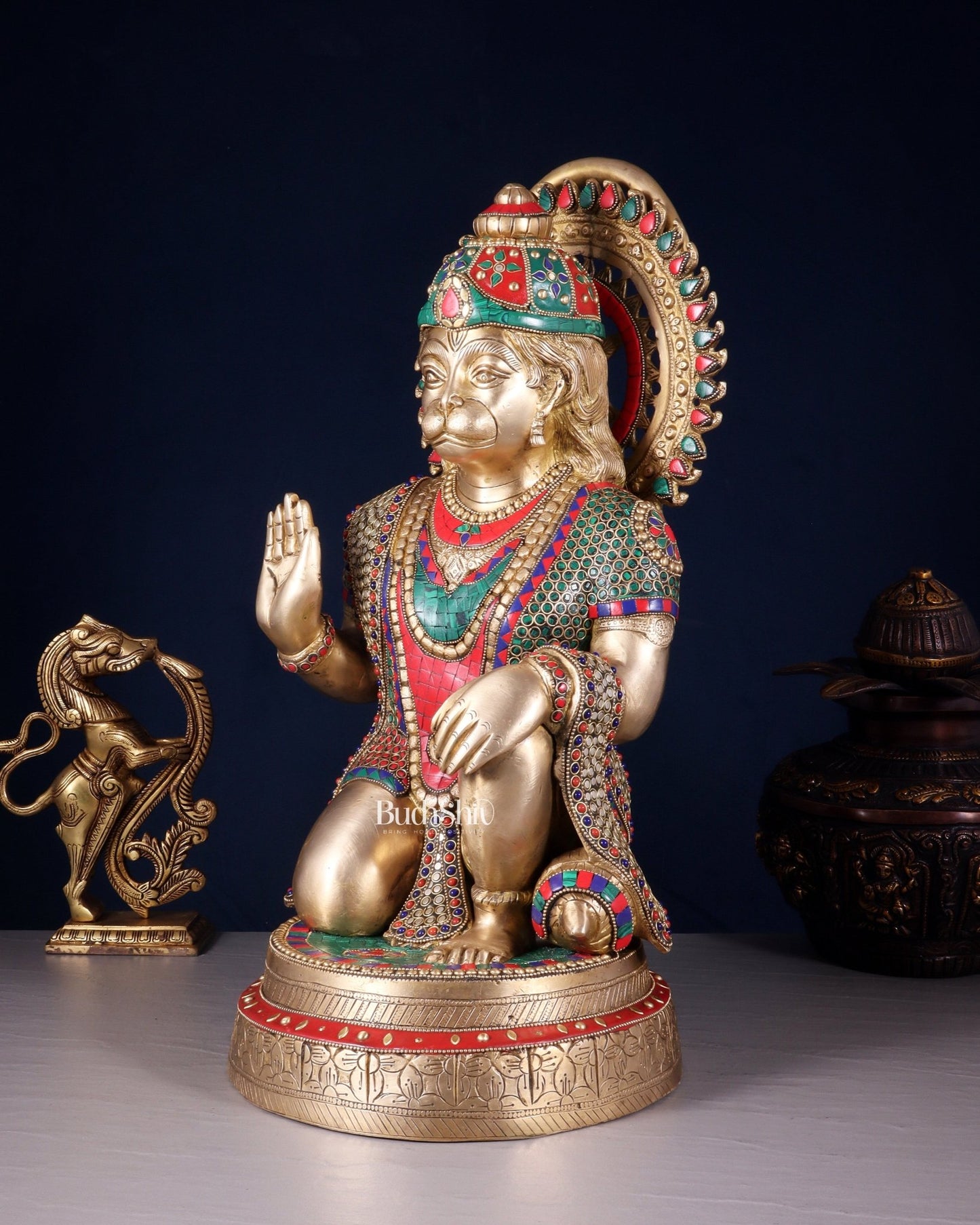 Brass lord Hanuman Statue with Stonework - 20" - Budhshiv.com