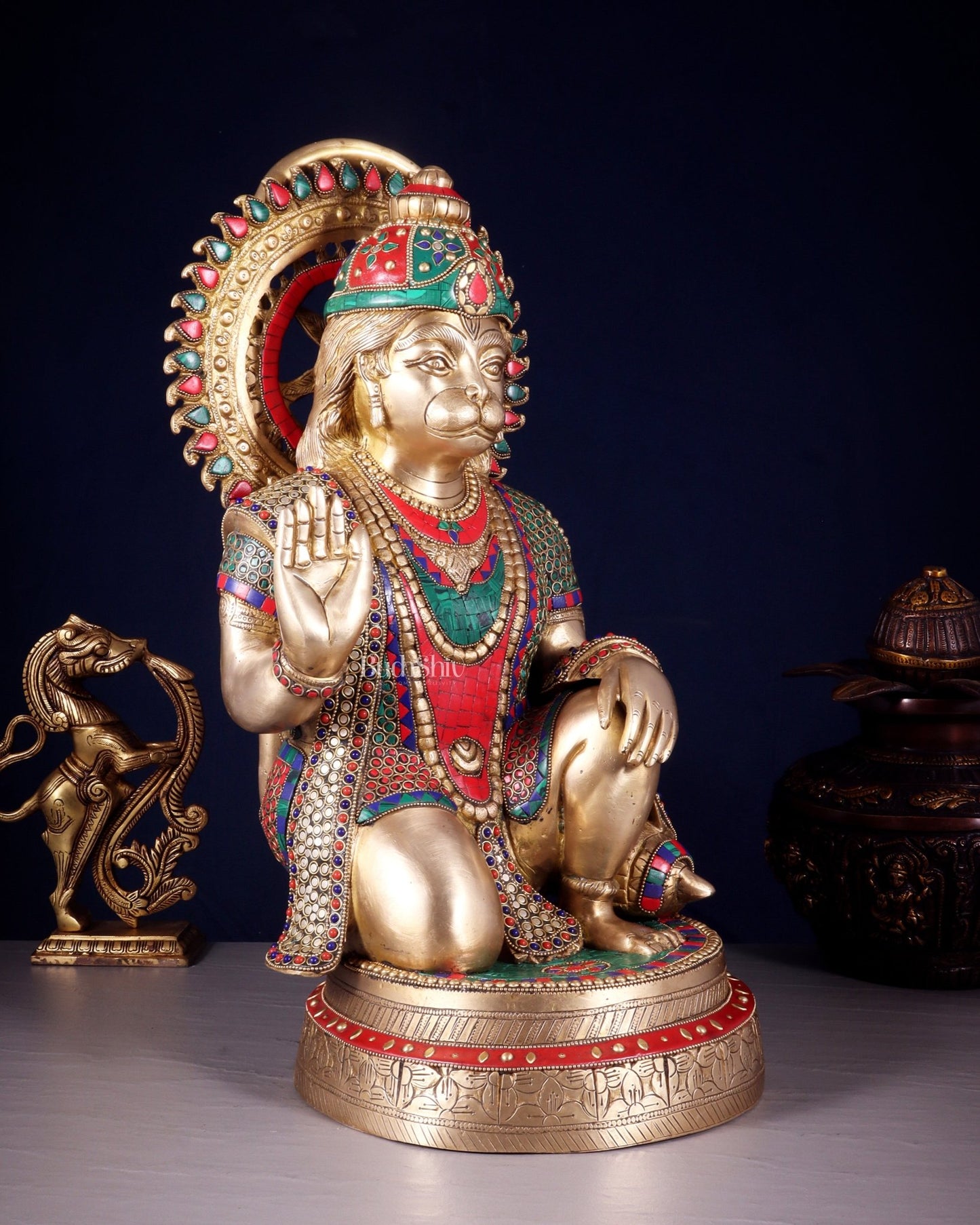 Brass lord Hanuman Statue with Stonework - 20" - Budhshiv.com