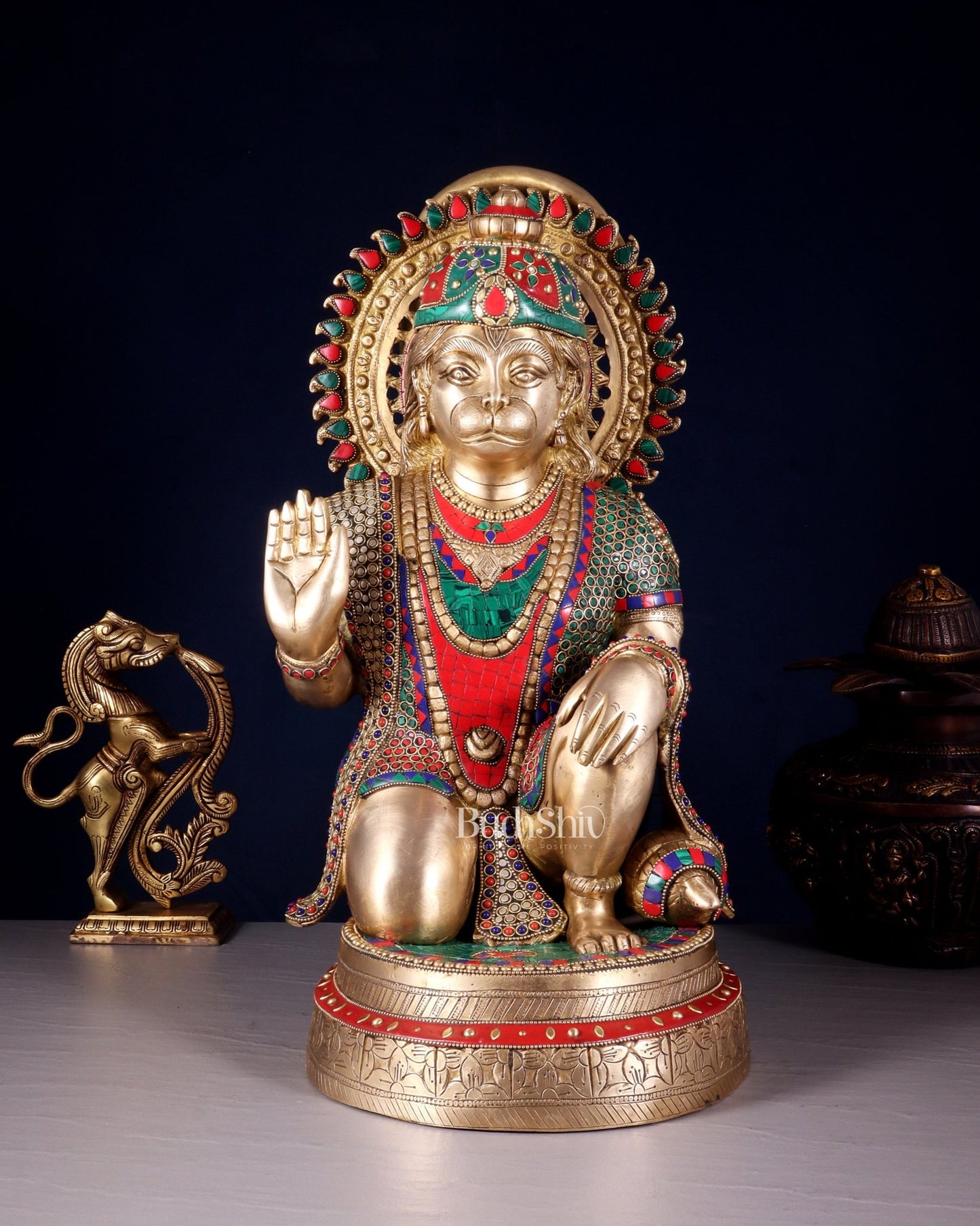 Brass lord Hanuman Statue with Stonework - 20" - Budhshiv.com