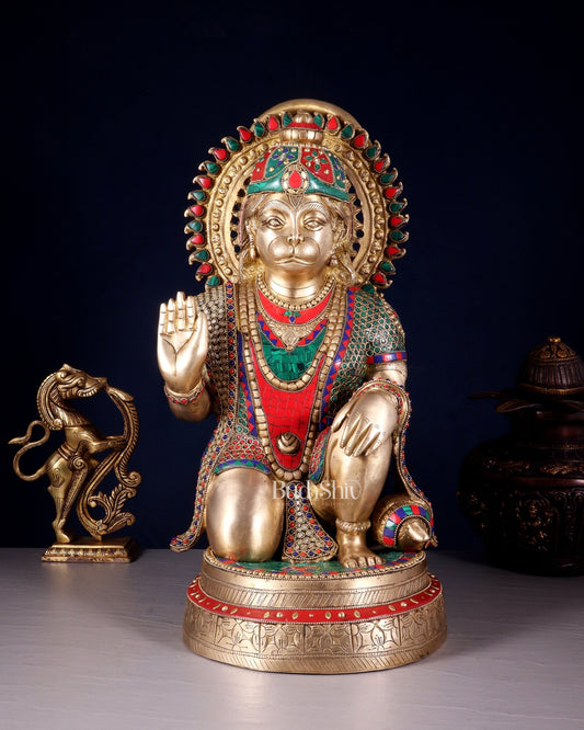 Brass lord Hanuman Statue with Stonework - 20" - Budhshiv.com