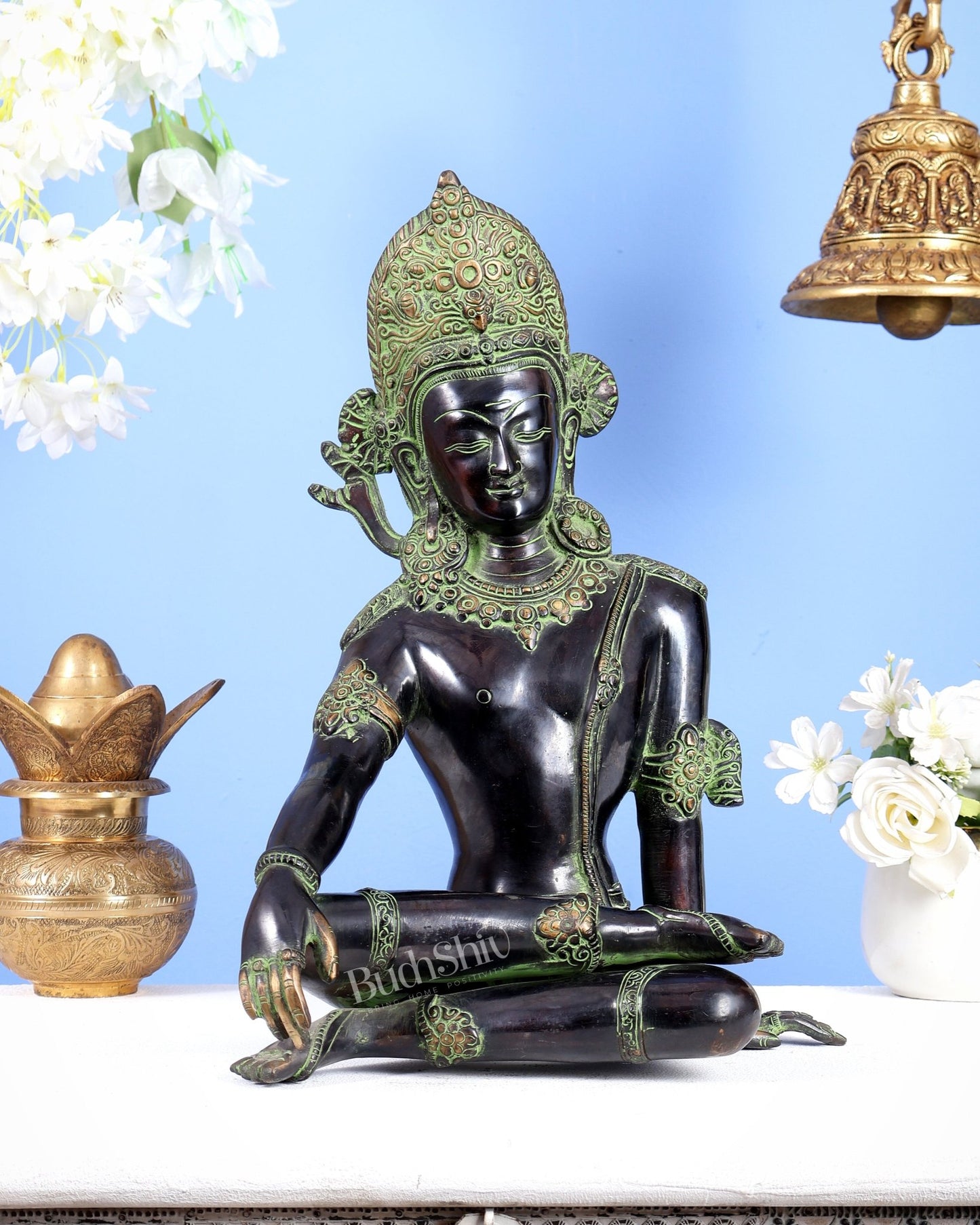 Brass Lord Indra Statue black and green finish - Budhshiv.com