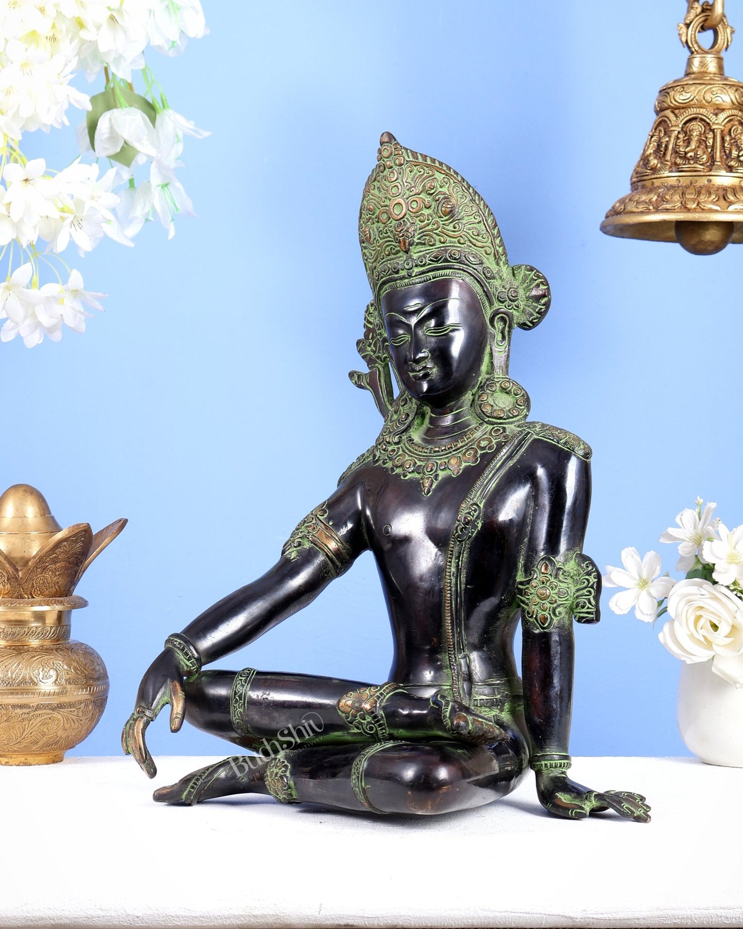 Brass Lord Indra Statue black and green finish - Budhshiv.com