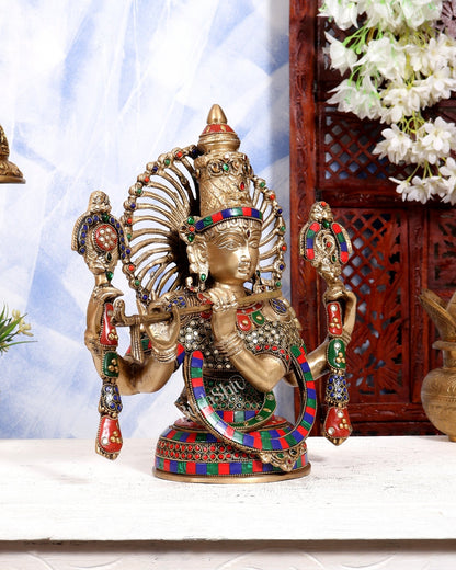 Brass Lord Krishna Bust Table Accent - 13.5 inch with Stonework - Budhshiv.com