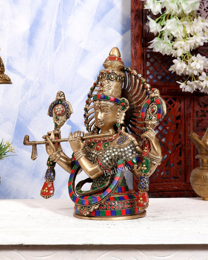 Brass Lord Krishna Bust Table Accent - 13.5 inch with Stonework - Budhshiv.com